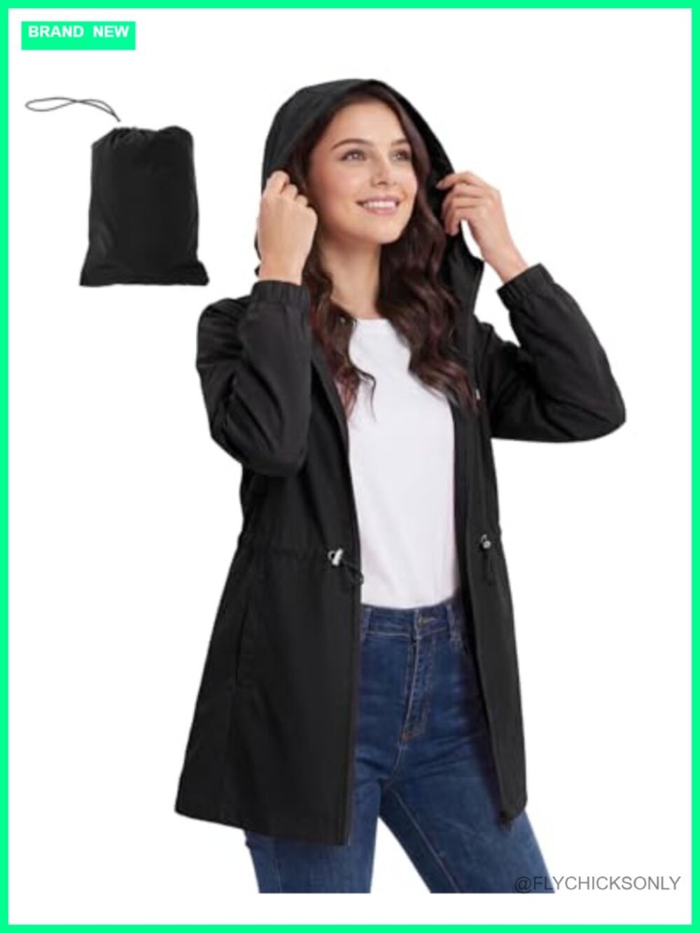 Packable Waterproof Rain Jacket Women Lightweight Hooded Long Trench Coat